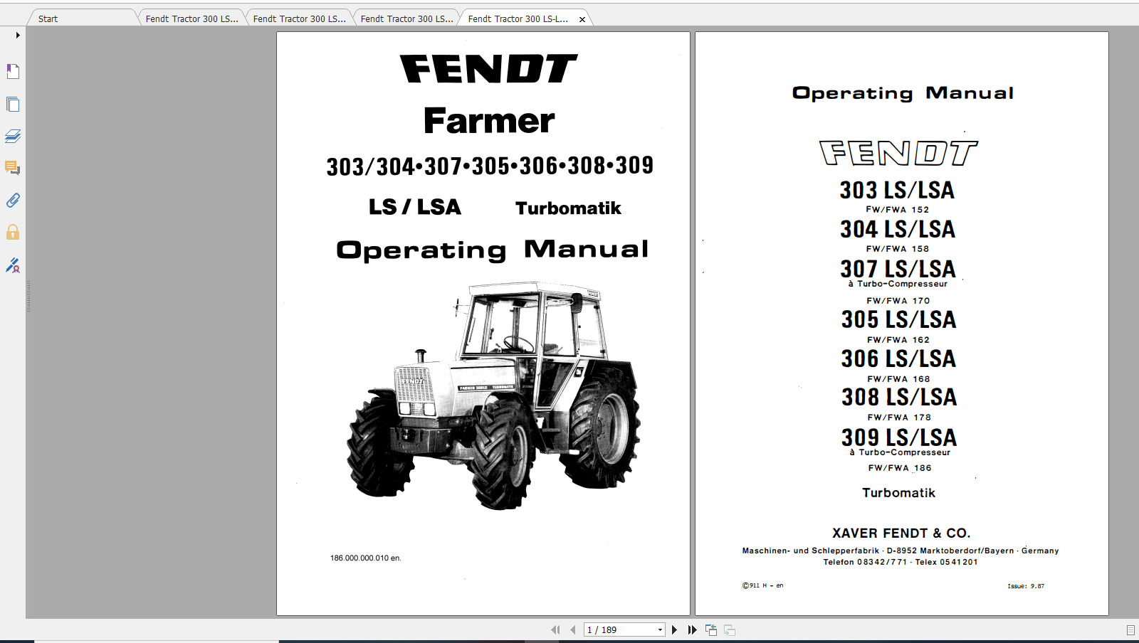Fendt Tractor Farmer 300 Ls Lsa VIN 158199 Operation Manual,