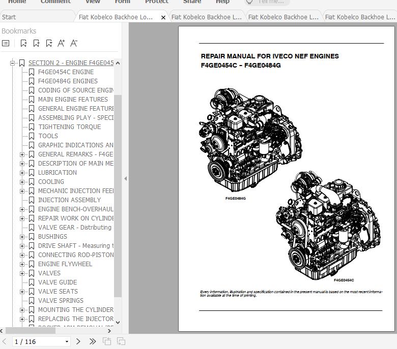 Fiat Kobelco Backhoe Loader Engines F4GE0454CF4GE0484G Repair Manual