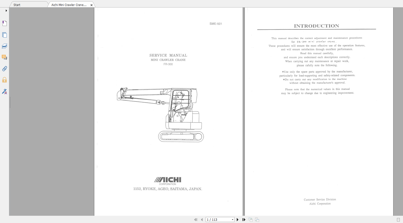 Aichi Mini Crawler Crane FR300_SME501 Service Manual_En