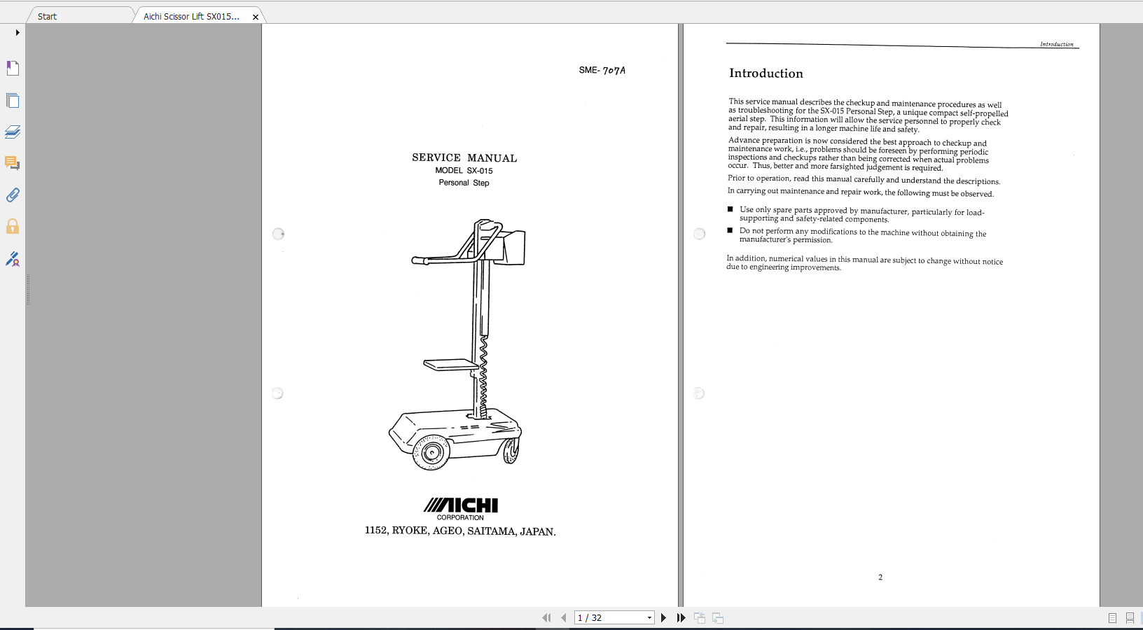 Aichi Scissor Lift SX015_SME707A Service Manual_En