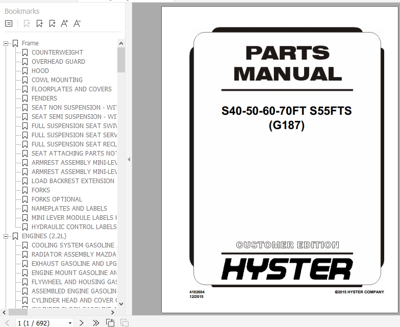 Hyster Forklift Truck G187 (S40506070FT S55FTS) Parts Manual 4102604
