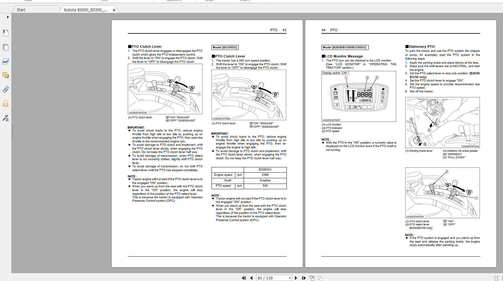 Kubota Tractor B2650 B3350 B3350SU Operators Manual