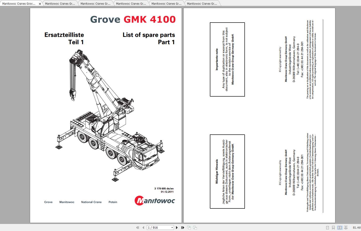 Manitowoc Cranes Grove GMK 4100 3179605 Spare Parts Catalog