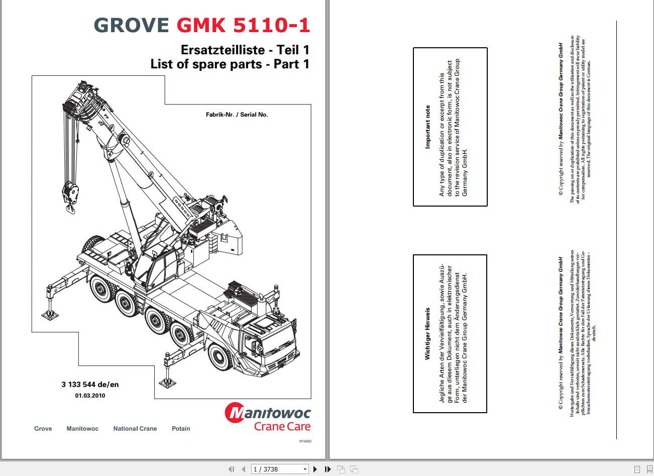 Manitowoc Cranes Grove GMK 51101 3133544 Spare Parts Catalog