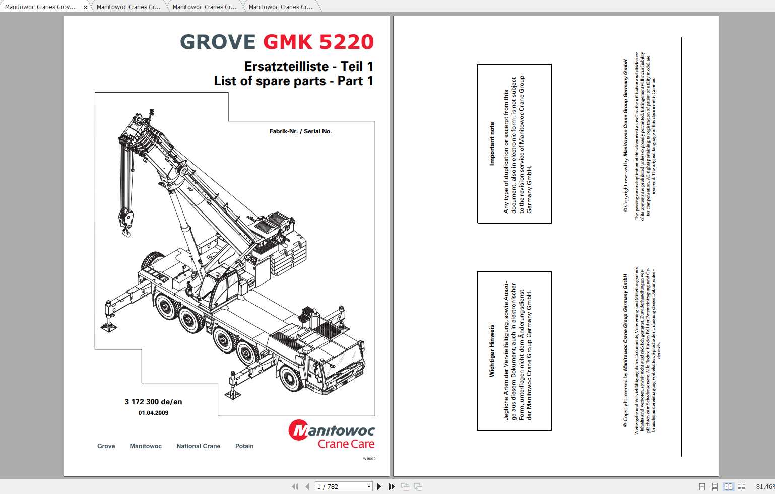 Manitowoc Cranes Grove GMK 5220 3172300 Spare Parts Catalog