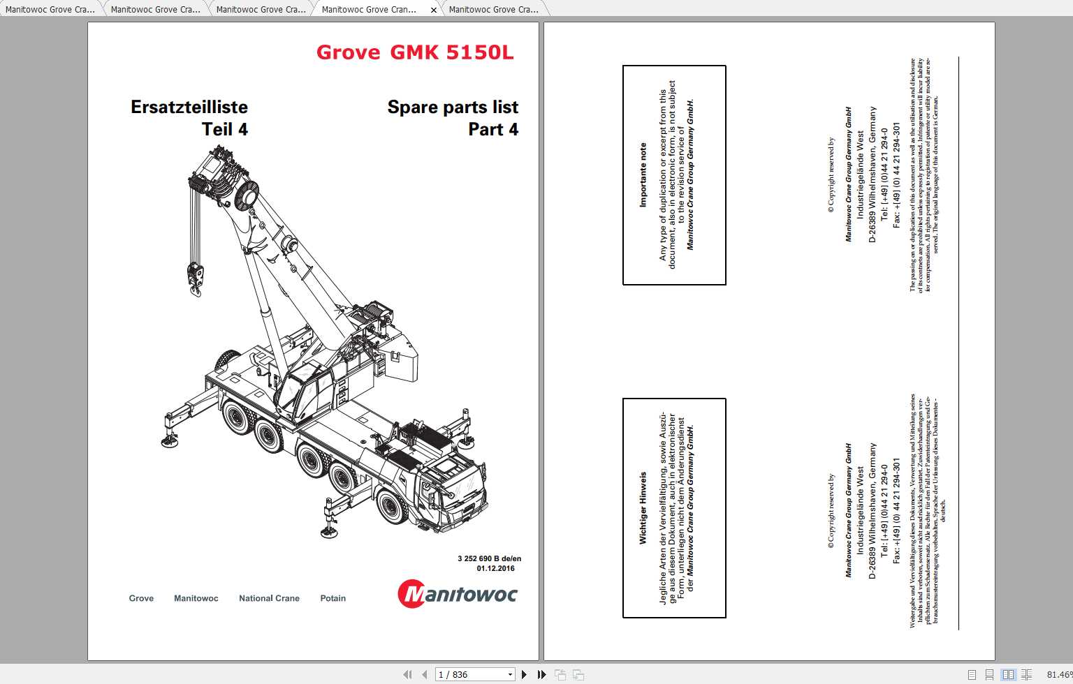Manitowoc Grove Crane GMK 5150L 20161201 Spare Parts Catalog 3252690B