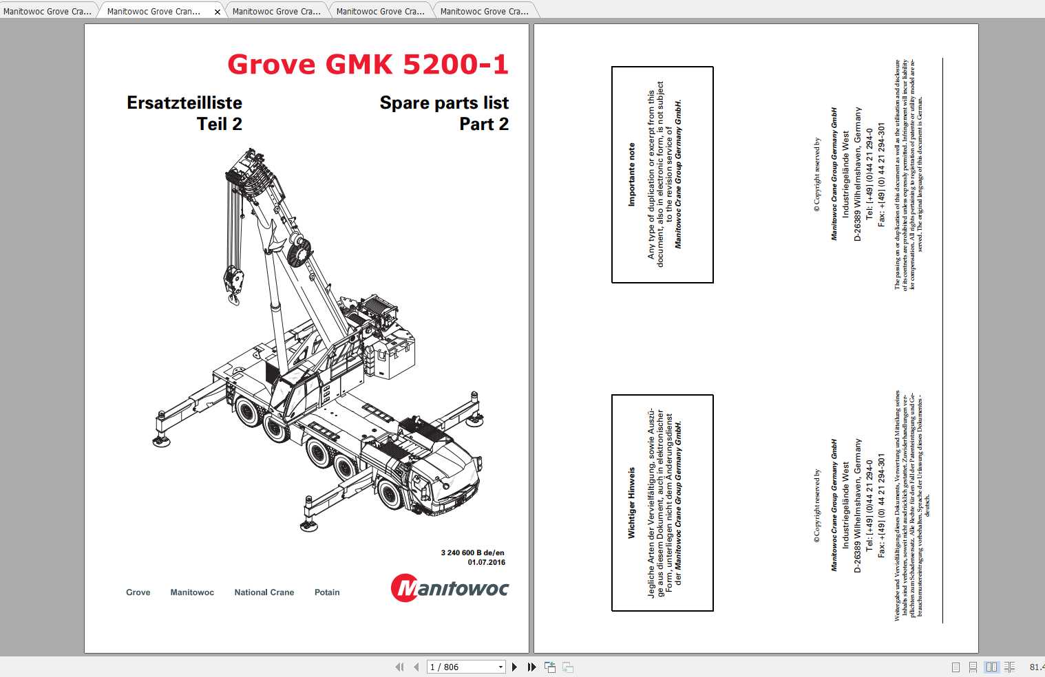 Manitowoc Grove Crane GMK 52001 20160701 Spare Parts Catalog 3240600B