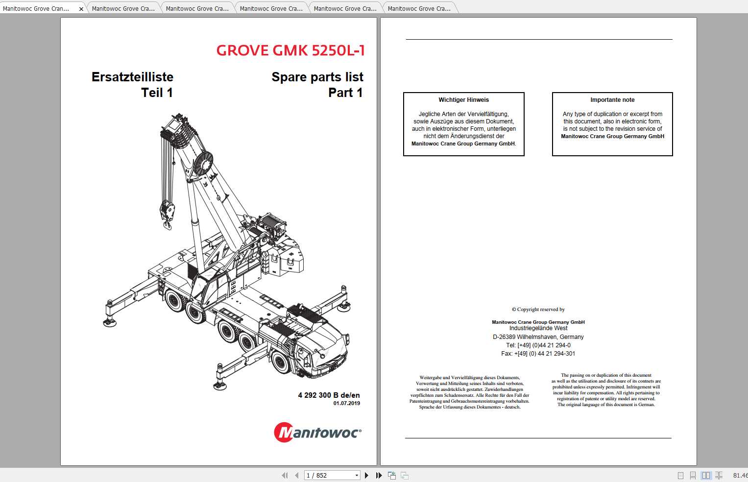 Manitowoc Grove Crane GMK 5250L1 20190701 Spare Parts Catalog 4292300B