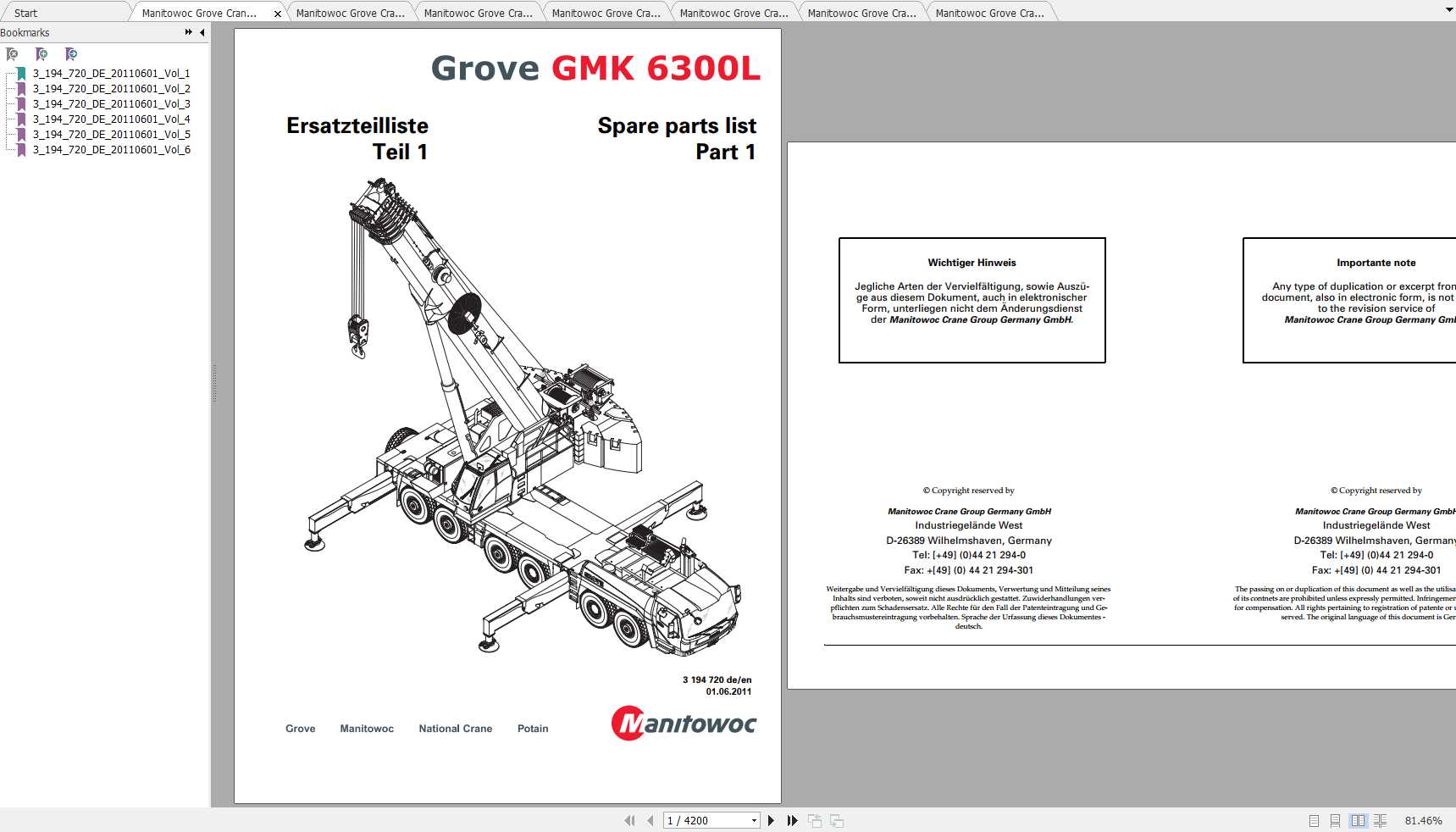 Manitowoc Grove Crane GMK 6300L 20110601 Spare Parts Catalog 3194720