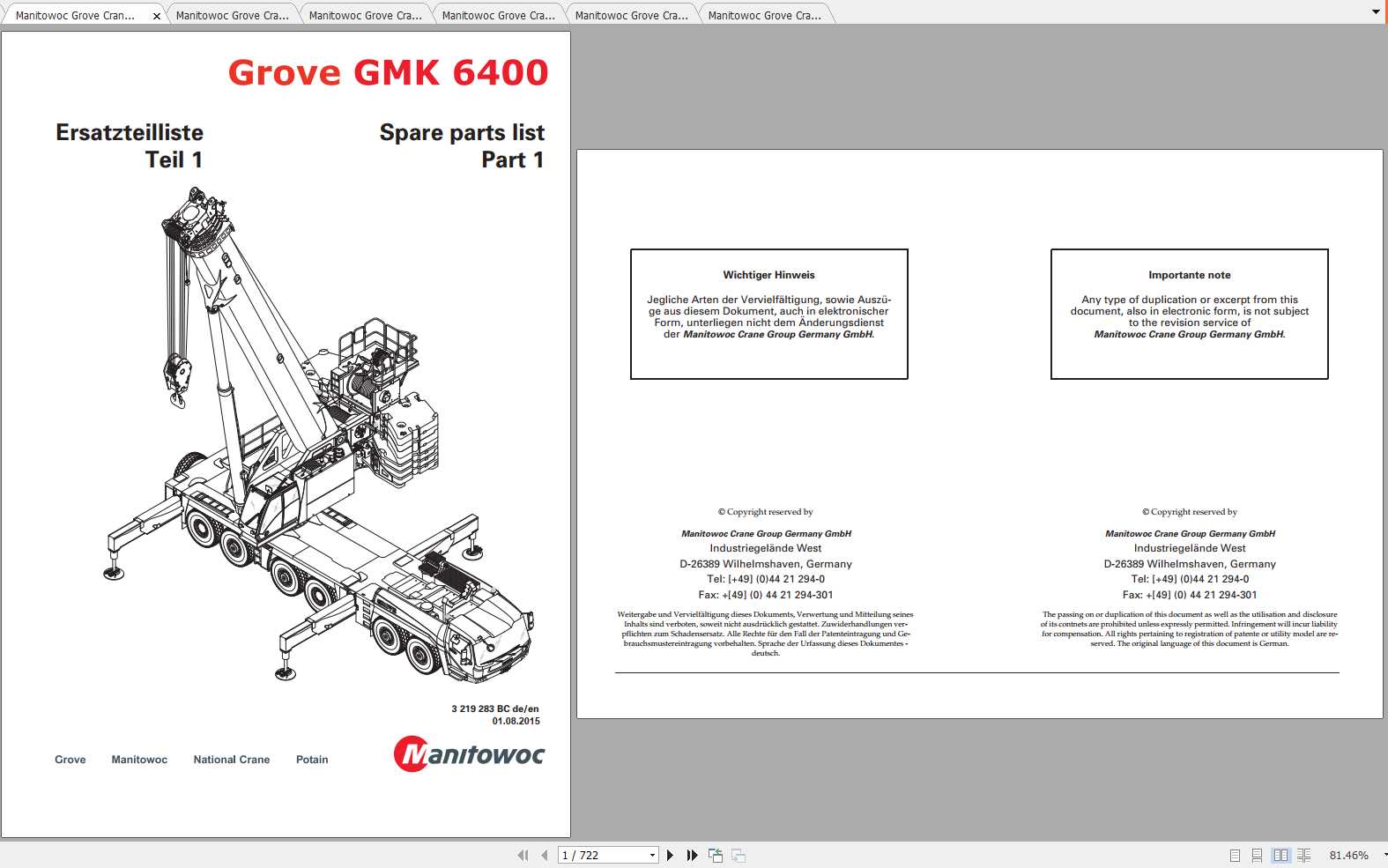 Manitowoc Grove Crane GMK 6400 20150801 Spare Parts Catalog 3219283BC