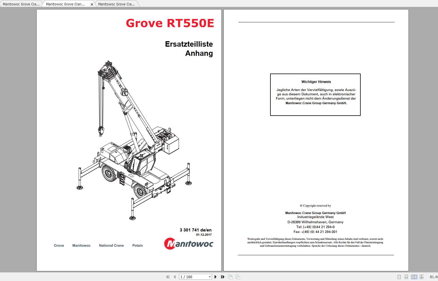 Manitowoc Grove Crane RT550E 20171201 Spare Parts Catalog 3301741