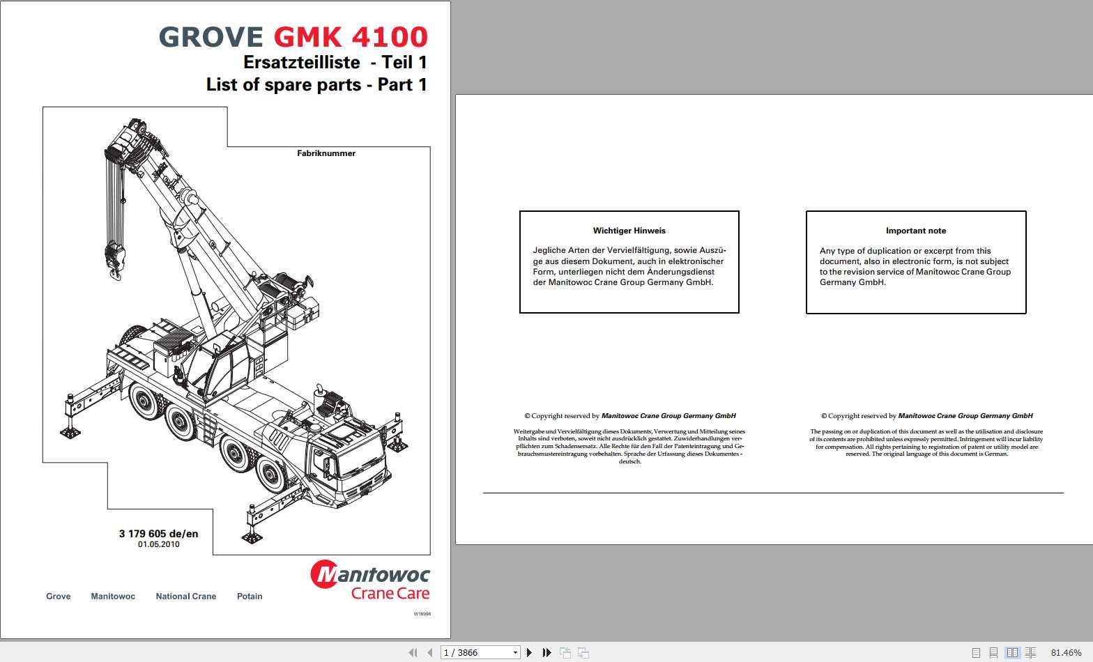 Manitowoc Grove Crane GMK 4100 3179605 Spare Parts Catalog