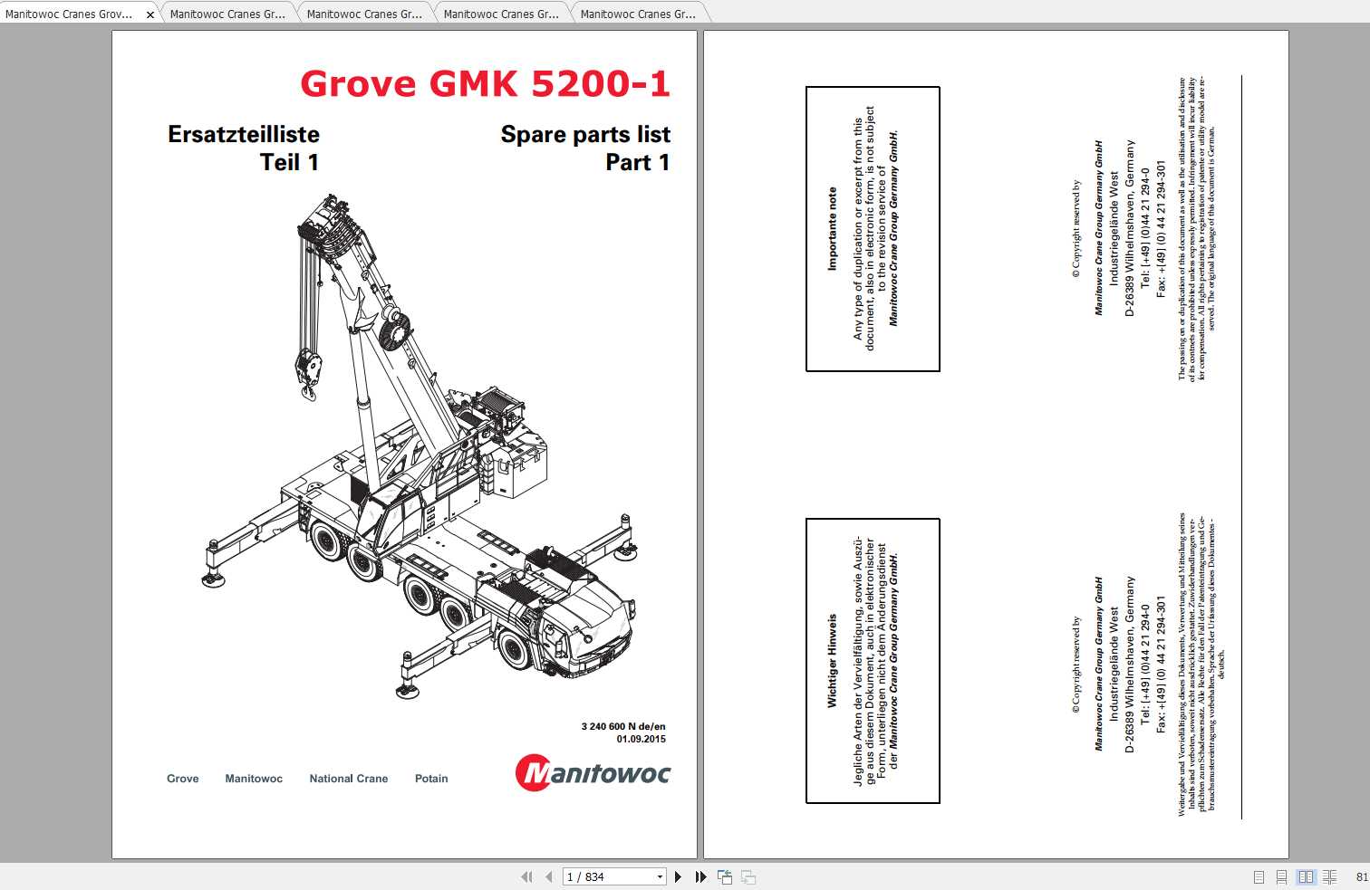 Manitowoc Grove Crane GMK 52001 3240600N DE Spare Parts Catalog