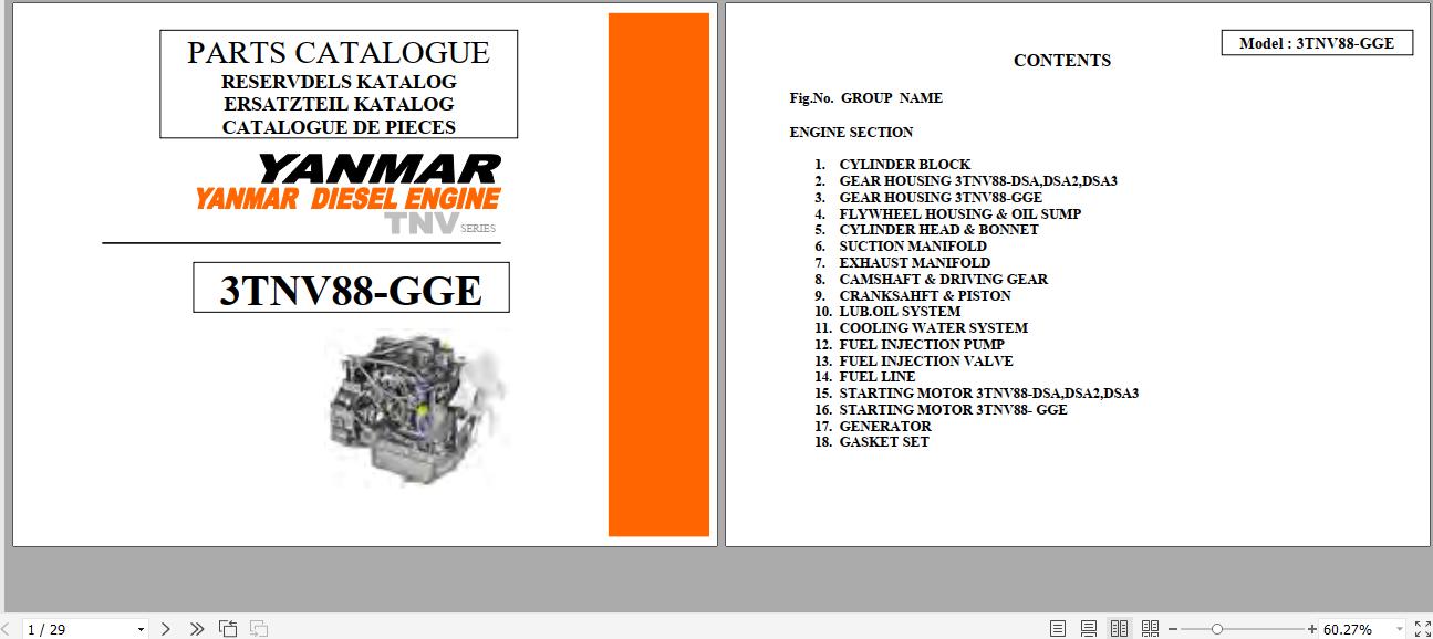 Yanmar 3TNV88GGE Diesel Engine Parts Catalogue