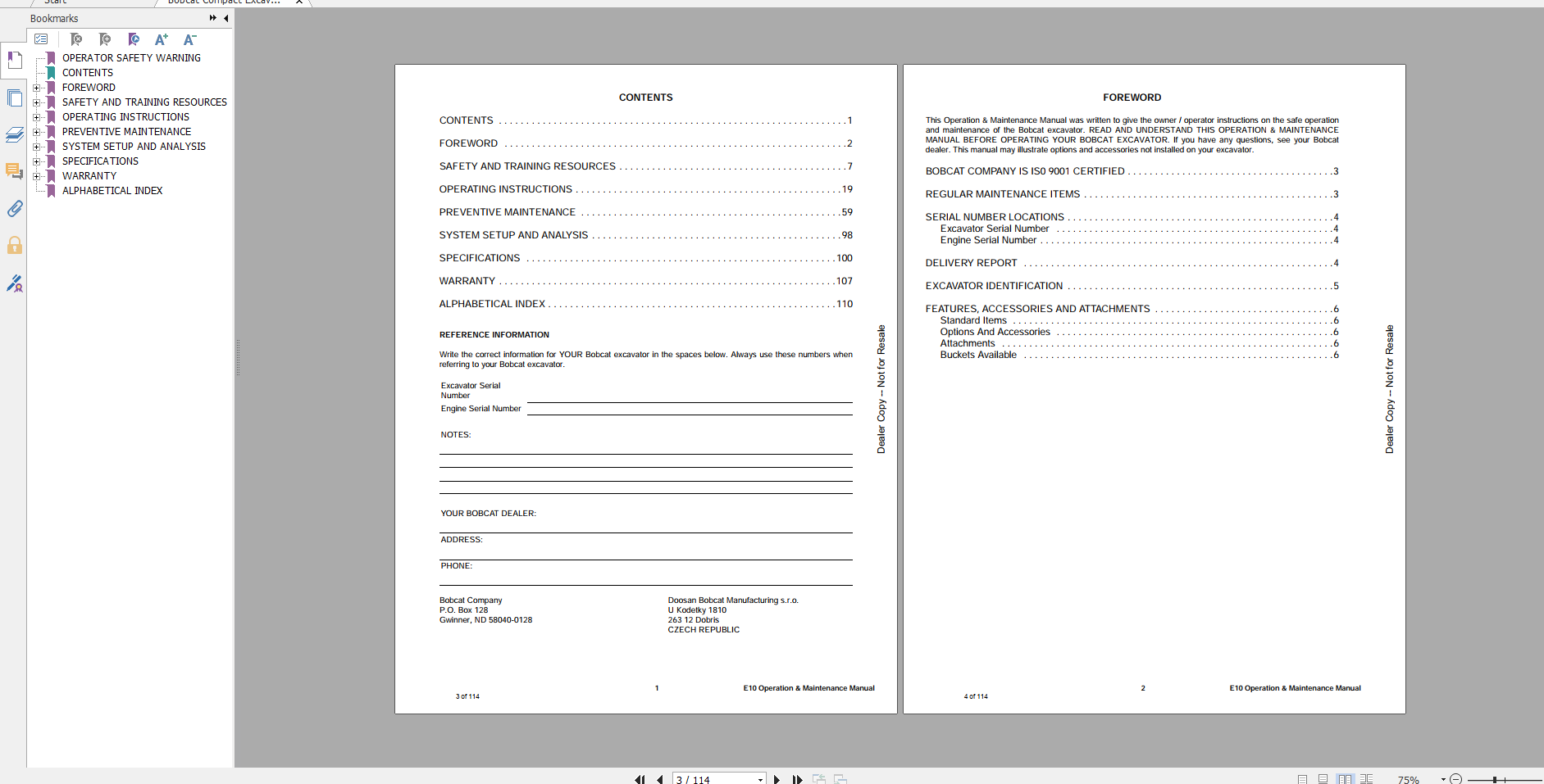 Bobcat Compact Excavator E10 Service Manual 2017