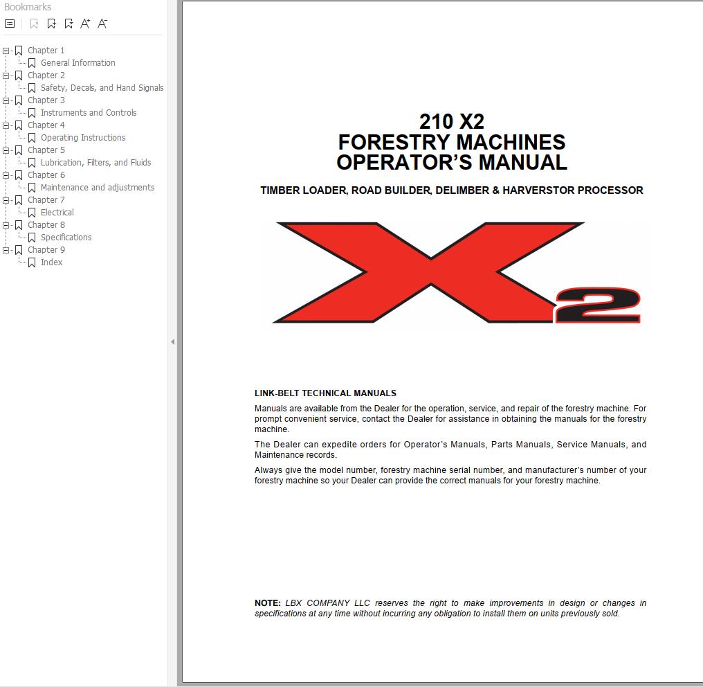 LinkBelt 210 X2 Excavator Forestry Operation Manual
