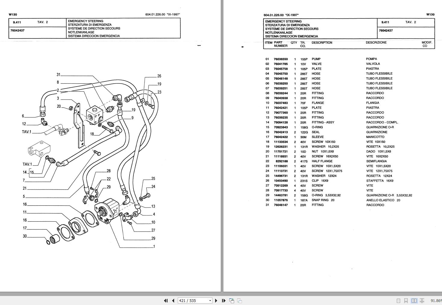 Fiat Allis FW130 Wheel Loader Parts Catalog 60401226 EN IT FR DE ES