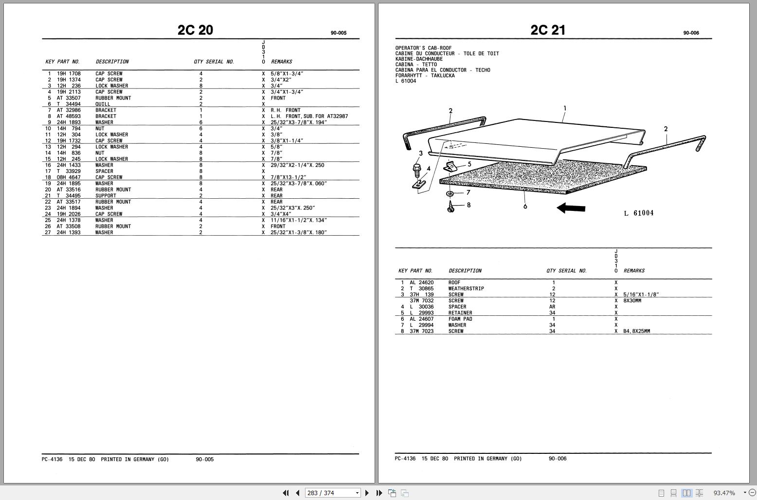 John Deere JD310 Backhoe Loader Parts Catalog PC4136 (15DEC80)