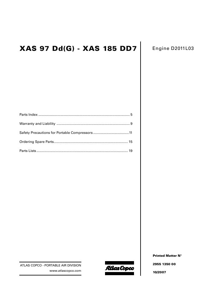 Atlas Copco XAS 97 Dd(G) XAS 185 DD7 Portable Compressors Parts