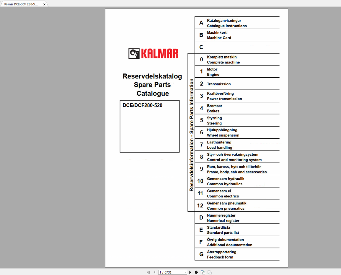 Kalmar Reach Stackers Manual, Technical Handbook, Parts Catalog