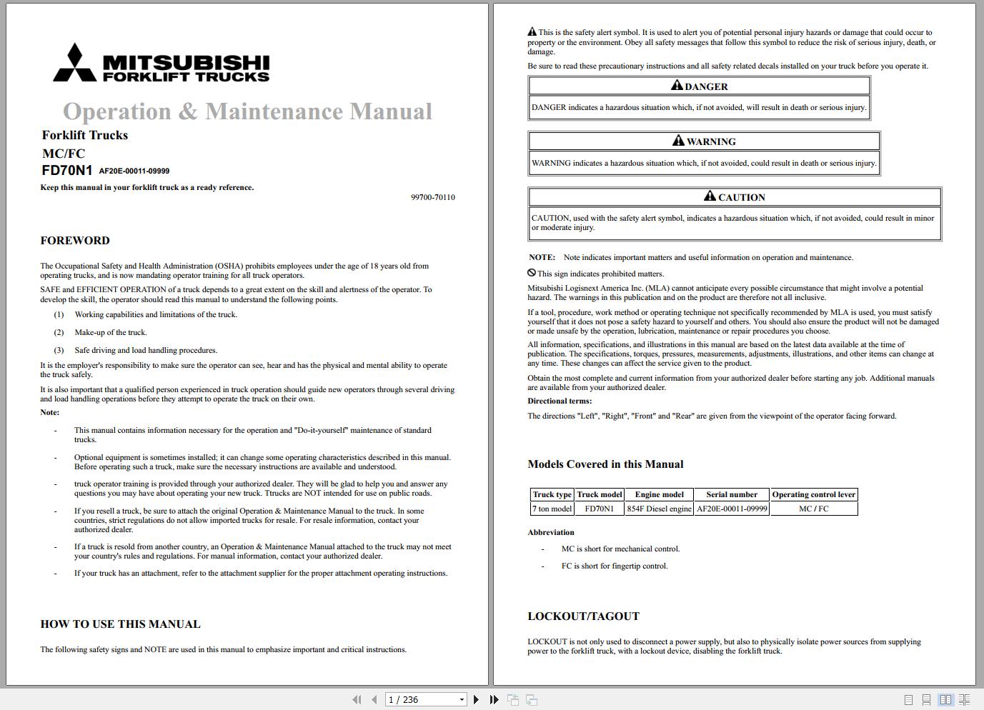 Mitsubishi Forklift Truck FD70N1 Schematic Operation Maintenance