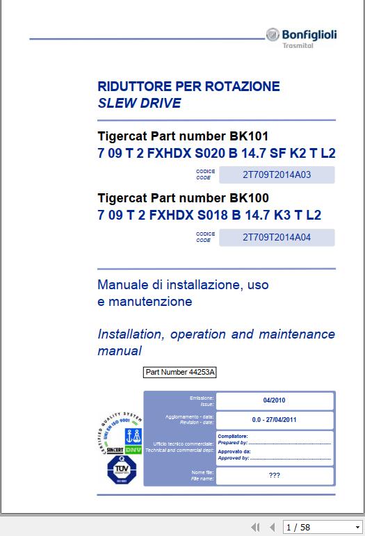 Tigercat BK100 & BK101 Bonfiglioli Swing Gearbox Maintenace Manual