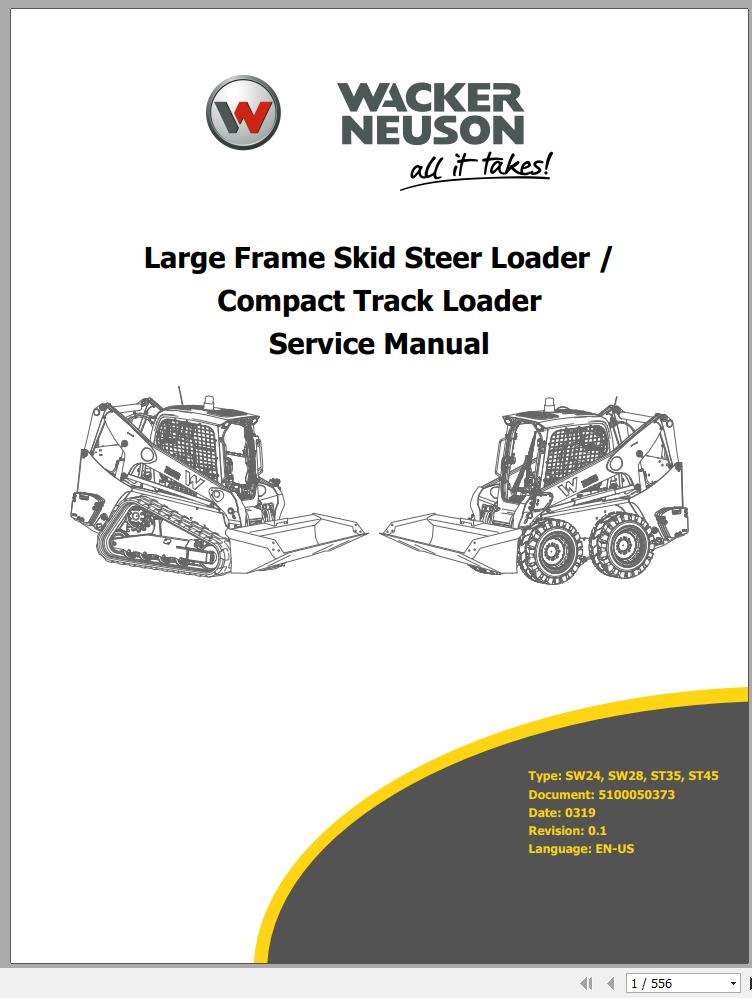Wacker Neuson ST50 Skid Steer Loader Track Error Codes, Service, Operator's & Parts Manual EN FR ES