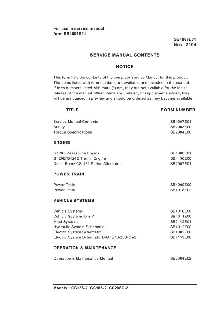 Daewoo Service Manuals GC15S2 GC20SC2 SB4007E01