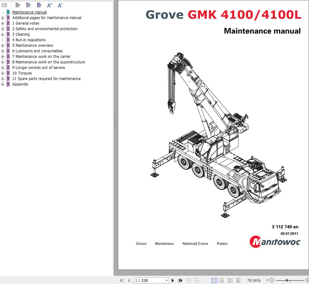 Manitowoc GMK4100 GMK4100L Crane Maintenance Manual PDF