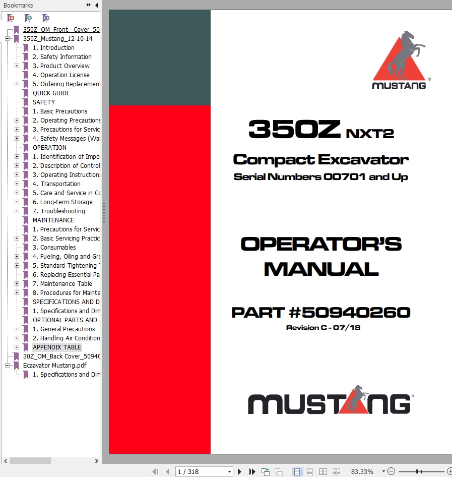 Mustang Machinery 350Z NXT2 Operators Manual 50940260C PDF