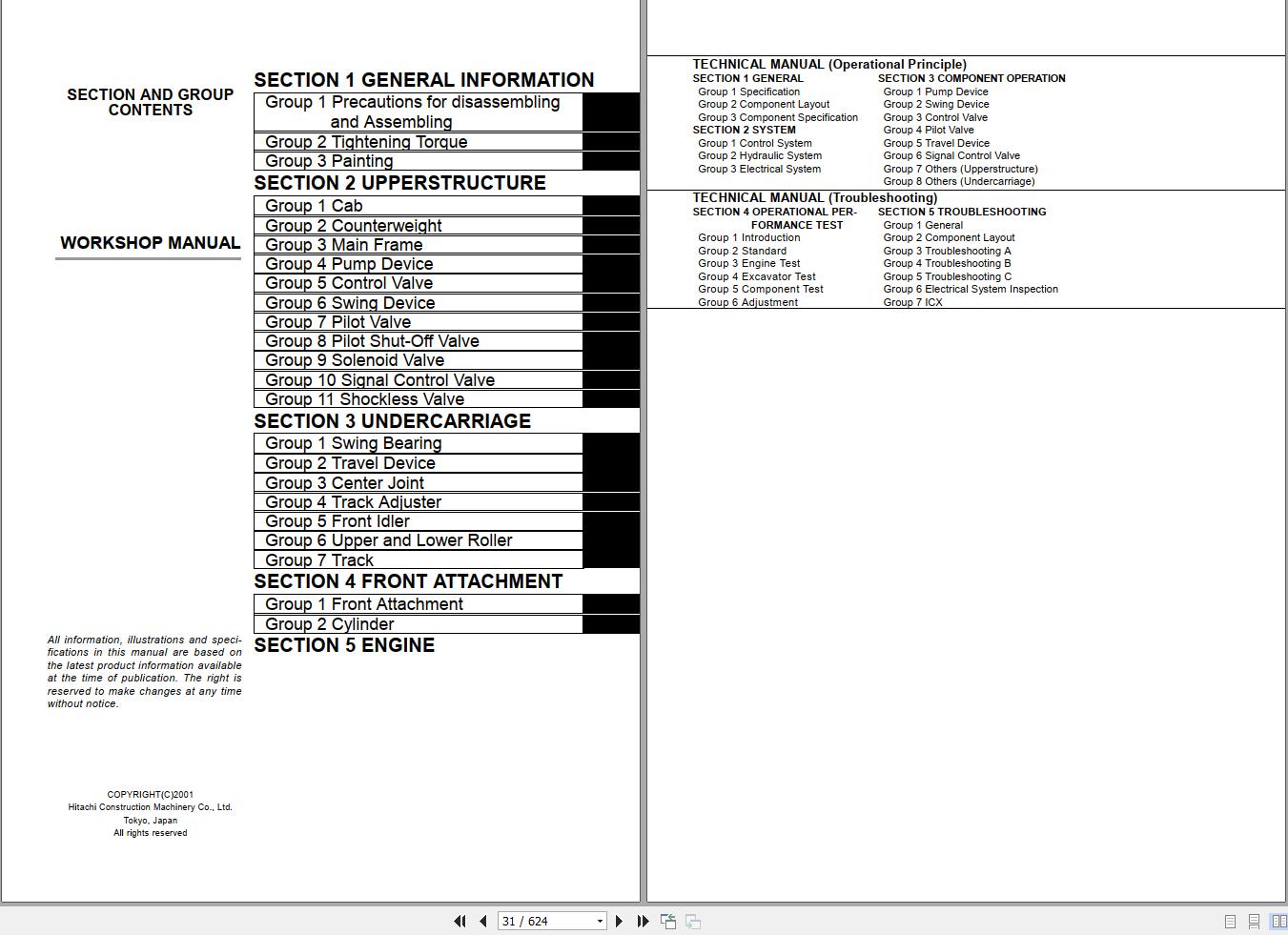 Hitachi ZX800 Excavator Service Manual