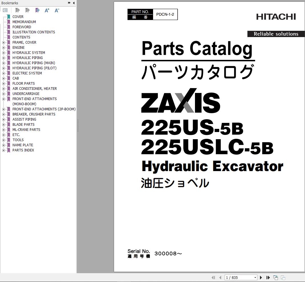 Hitachi ZX225USLC5B ZX225USRLC5B Excavator Parts Catalog PDF