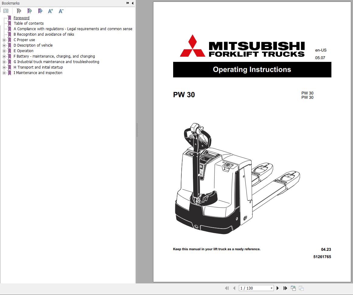 Mitsubishi PW30 Forklift Operation and Maintenance Manual US_51261765 PDF