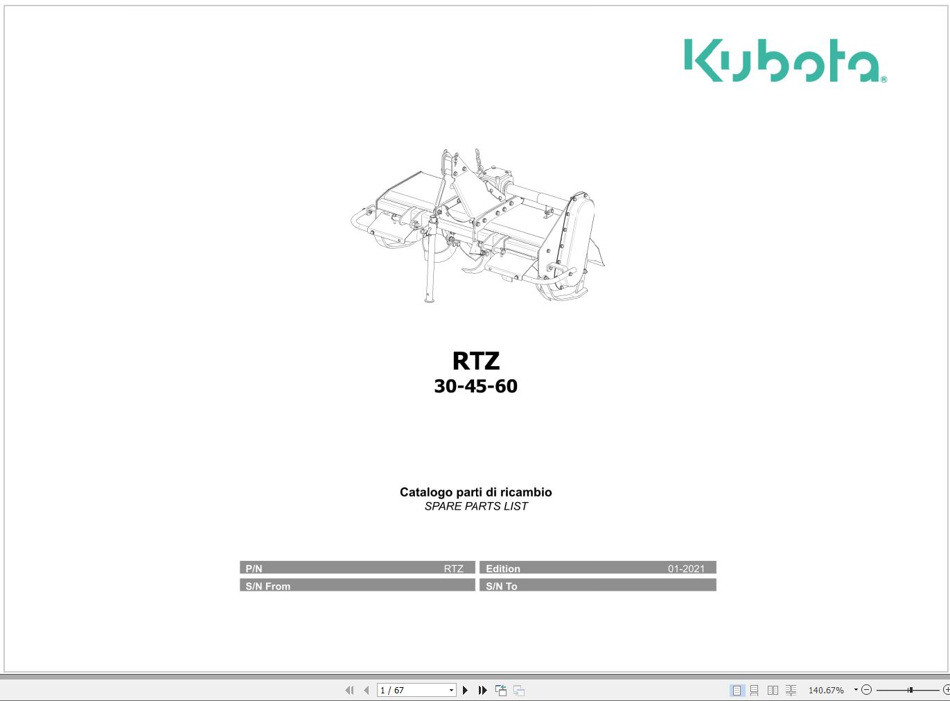 Kubota RTZ Rotary Tiller Spare Parts Manual PDF