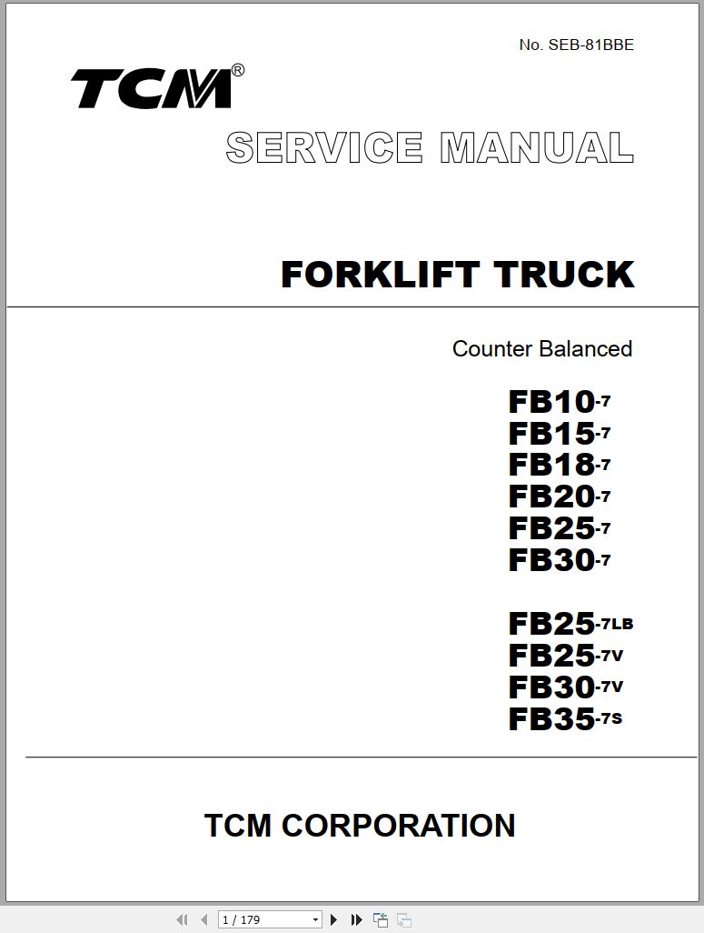 TCM FB7 Series Forklift Truck Service Manual SEB81BBE PDF