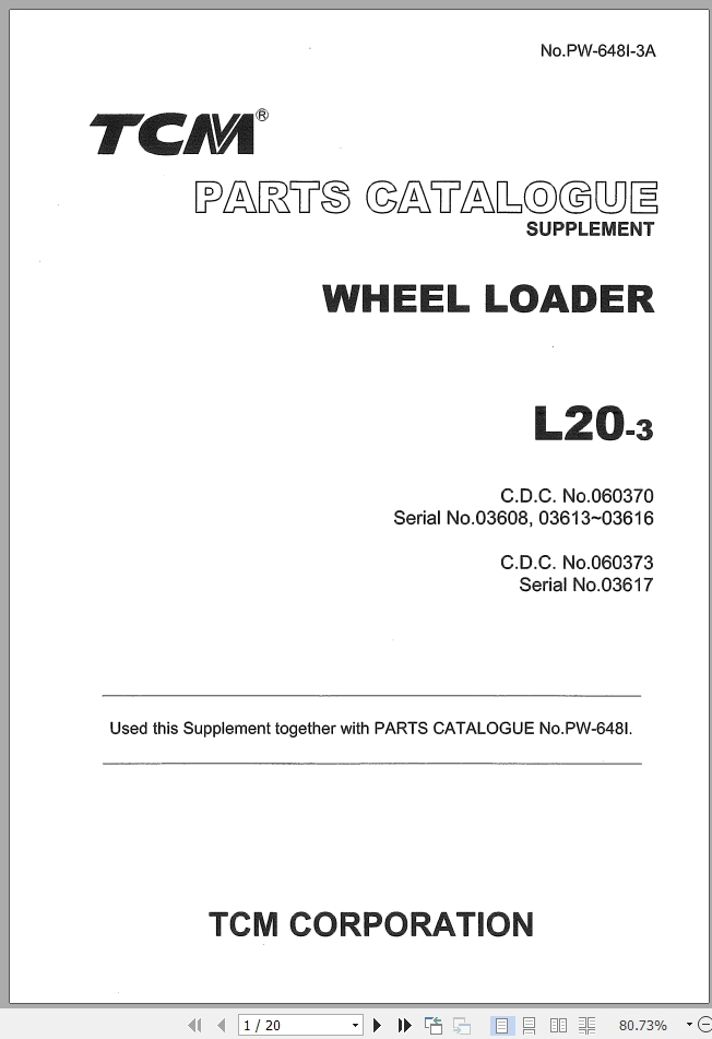 TCM L203 Wheel Loader Parts Catalogue Supplement PW648I3A PDF