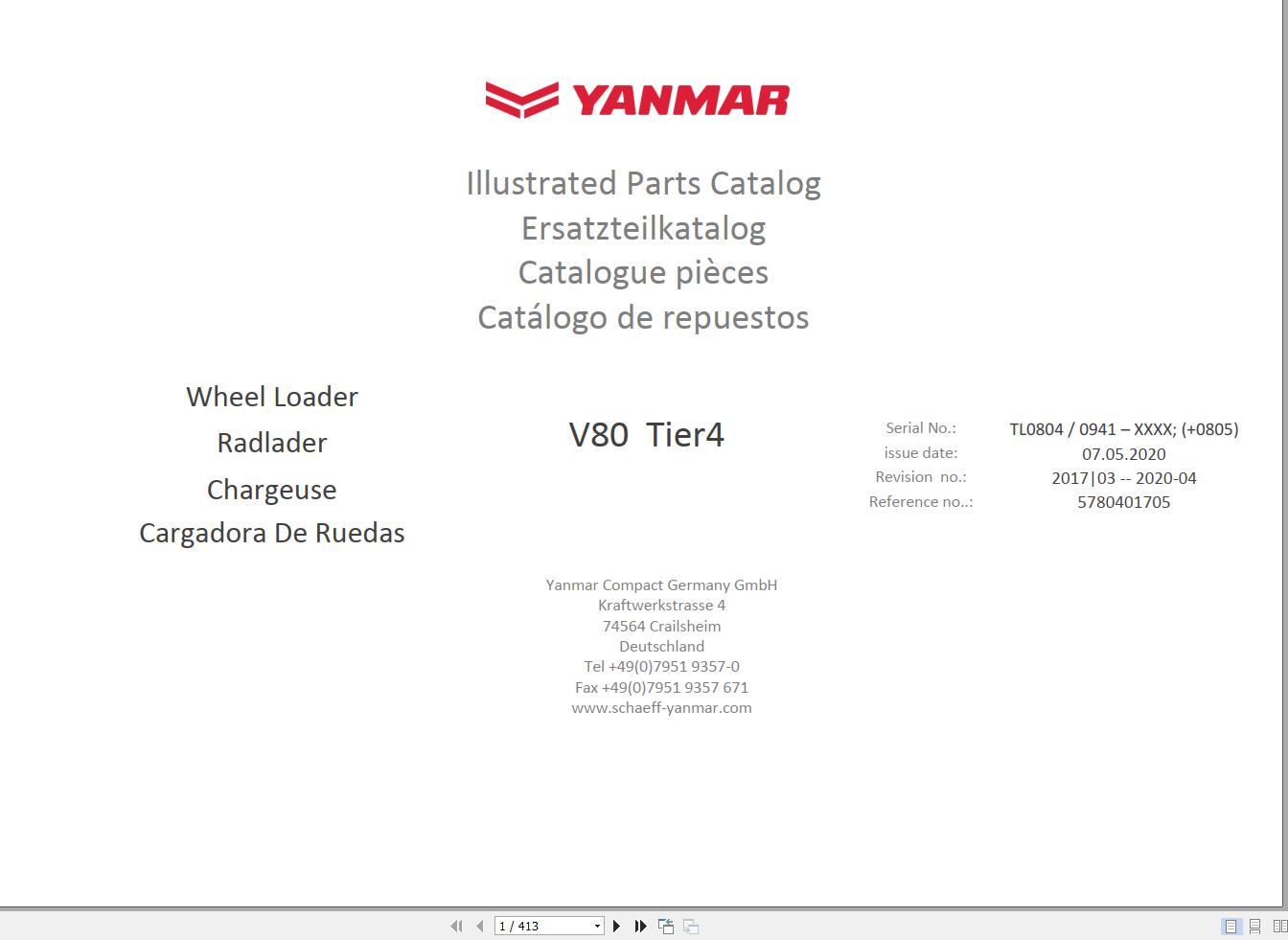 Yanmar V80 Tier 4 Wheel Loader Parts Catalog 5780401705 PDF
