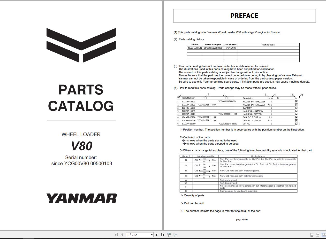 Yanmar V80 Wheel Loader Parts Catalog CP555ENWL00200 PDF