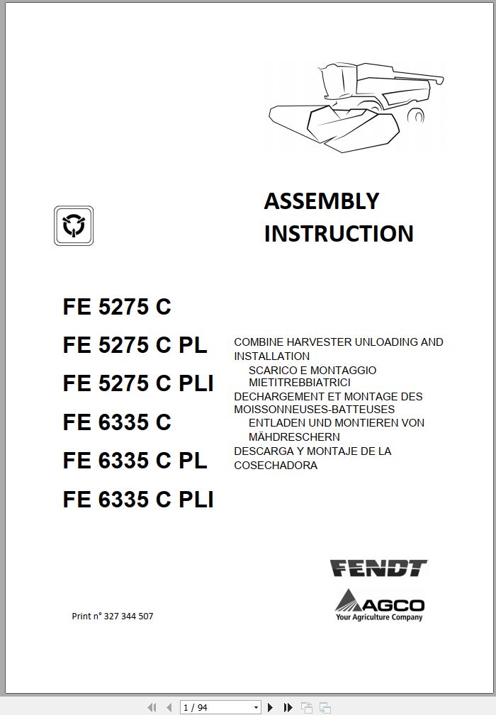Fendt FE 5275 6335 C PL PLI Assembly Instruction 327344507 PDF