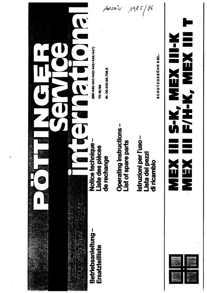 Pottinger Agricultural MEX III Operating Instruction, Parts Manual PDF