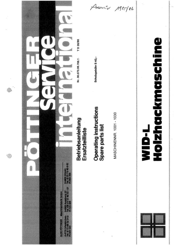 Pottinger Agricultural WIDL Operation Instructions, Parts Manual PDF