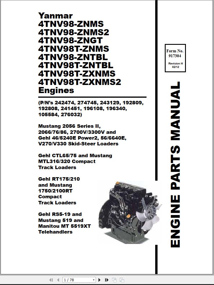 Yanmar 4TNV98ZNMS To 4TNV98TZXNMS2 Engine Spare Parts Catalog PDF
