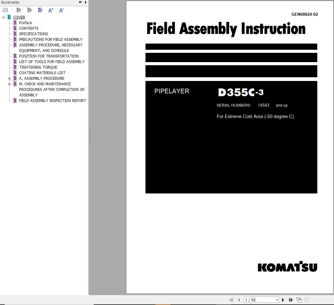 Komatsu D355C3 PipeLayer Field Assembly Instruction GEN0002402 PDF