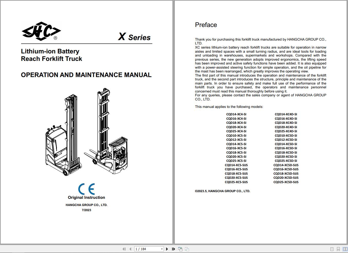 Hangcha X Series Forklift Operation and Maintenance Manual 07.2023 PDF