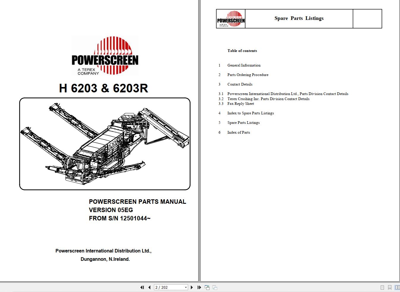Terex 6203 6203R Powerscreen Horizon Parts Manual