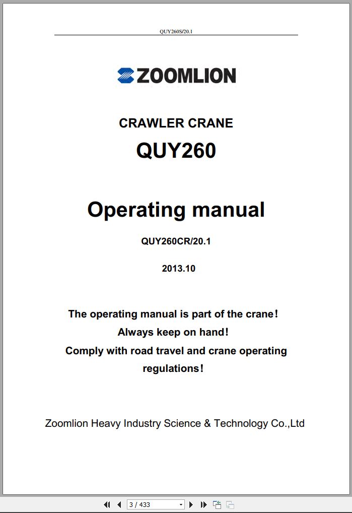 Zoomlion QUY260 Crawler Crane Operating Manual PDF