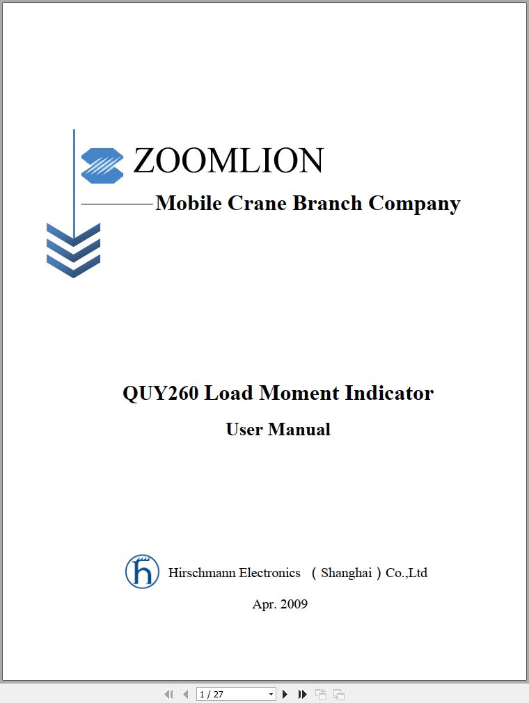 Zoomlion QUY260 Load Moment Indicator User Manual PDF