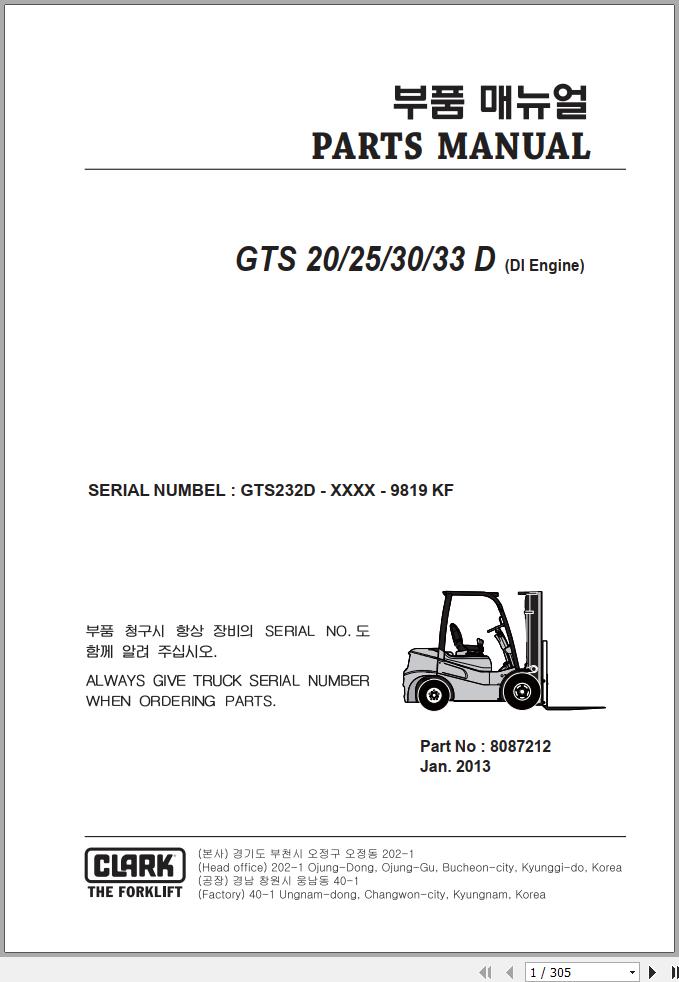 Clark GTS20D to GTS33D (DI Engine) Forklift Parts Manual 8087212 PDF