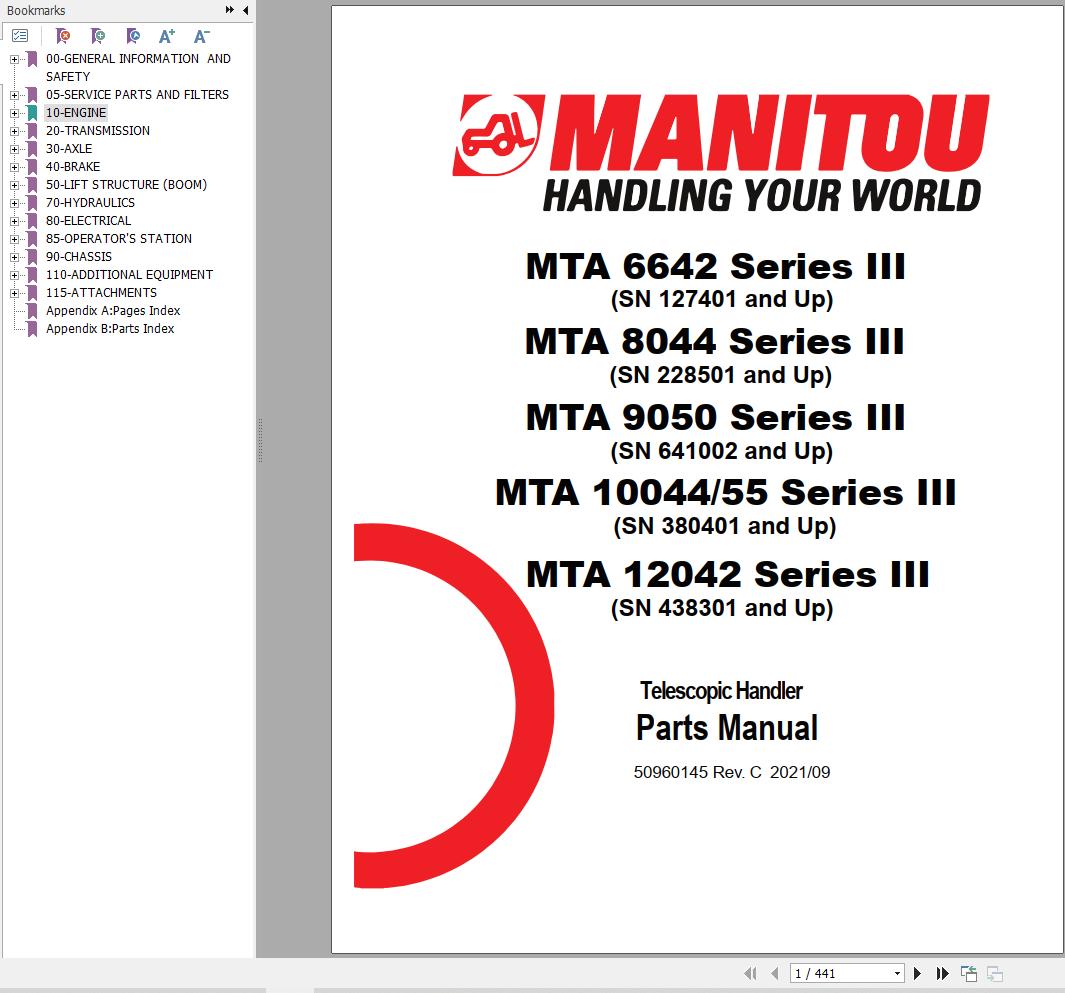 Manitou MTA6642 to MTA12042 Series III Parts Manual 50960145C PDF