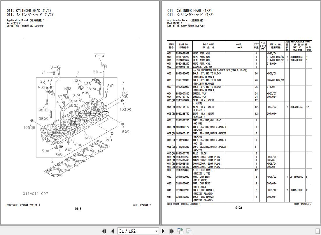 Hitachi ZW250 ISUZU 6HK1XYWT02 Engine Parts Catalog PDF